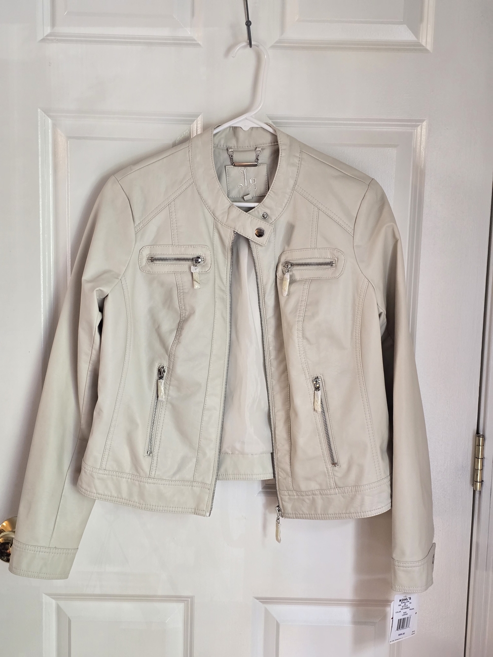 Women’s Light Cream Faux Leather Moto Jacket